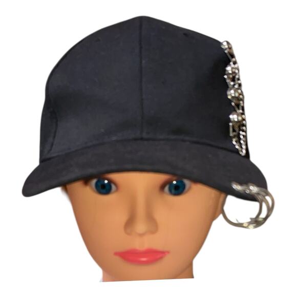 Black Punk-Style Baseball Cap w/ Silver Piercing Rings & Chains Detail. adjust. - Picture 1 of 6